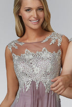 Load image into Gallery viewer, Chiffon Long Dress with Lace Embellished Bodice and Sheer Neckline
