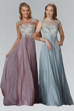 Load image into Gallery viewer, Chiffon Long Dress with Lace Embellished Bodice and Sheer Neckline
