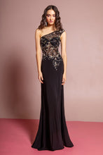 Load image into Gallery viewer, One Shoulder Jersey Floor Length Dress with Jewel Accents and Sheer Bodice
