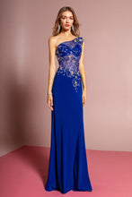 Load image into Gallery viewer, One Shoulder Jersey Floor Length Dress with Jewel Accents and Sheer Bodice
