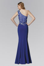Load image into Gallery viewer, One Shoulder Jersey Floor Length Dress with Jewel Accents and Sheer Bodice
