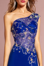 Load image into Gallery viewer, One Shoulder Jersey Floor Length Dress with Jewel Accents and Sheer Bodice

