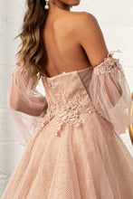 Load image into Gallery viewer, 3-D Flower Embellished Glitter Netting A-line Dress w/ Detached Long Sleeves
