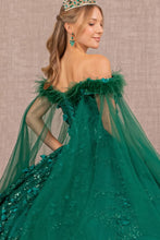 Load image into Gallery viewer, Mesh Quinceanera Dress w/ Side Mesh Drape and Detachable Feather Embellishment
