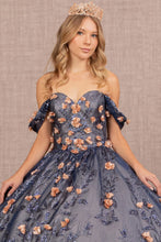 Load image into Gallery viewer, 3-D Flower Applique Glitter Off Shoulder Mesh Quinceanera Dress
