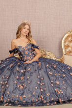 Load image into Gallery viewer, 3-D Flower Applique Glitter Off Shoulder Mesh Quinceanera Dress
