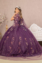 Load image into Gallery viewer, 3-D Butterfly Sheer Bodice Quinceanera Gown w/ Long Mesh Cape
