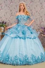 Load image into Gallery viewer, 3-D Flower Applique Sheer Bodice Quinceanera Gown w/ Ruffle Skirt

