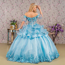 Load image into Gallery viewer, 3-D Flower Applique Sheer Bodice Quinceanera Gown w/ Ruffle Skirt
