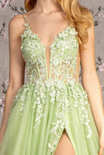 Load image into Gallery viewer, 3-D Flower Glitter Sheer Bodice Mesh A-line Long Dress w/ Side Slit
