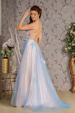 Load image into Gallery viewer, 3-D Flower Sheer Bodice Cut-out Back Mesh A-line Long Dress

