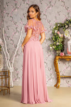 Load image into Gallery viewer, 3-D Flower Embroidery Chiffon A-line Long Dress w/ Sheer Short Sleeves
