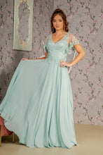 Load image into Gallery viewer, 3-D Flower Embroidery Chiffon A-line Long Dress w/ Sheer Short Sleeves

