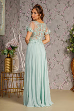 Load image into Gallery viewer, 3-D Flower Embroidery Chiffon A-line Long Dress w/ Sheer Short Sleeves
