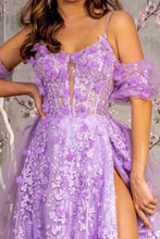 Load image into Gallery viewer, 3-D Flower Puff Sleeves Mesh A-line Long Dress w/ Detachable Waist Drape
