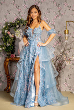 Load image into Gallery viewer, 3-D Flower Puff Sleeves Mesh A-line Long Dress w/ Detachable Waist Drape
