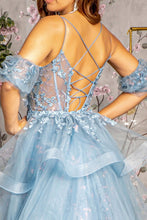 Load image into Gallery viewer, 3-D Flower Puff Sleeves Mesh A-line Long Dress w/ Detachable Waist Drape
