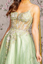 Load image into Gallery viewer, 3-D Flower Jewel Sheer Corset Bodice Mesh A-line Long Dress
