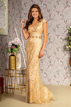 Load image into Gallery viewer, 3-D Flower Glitter Sheer Neckline Mesh Mermaid Long Dress
