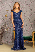 Load image into Gallery viewer, 3-D Flower Glitter Sheer Neckline Mesh Mermaid Long Dress

