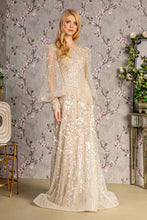 Load image into Gallery viewer, Bead Sheer Bodice Mesh A-line Long Dress w/ Sheer Puff Sleeves
