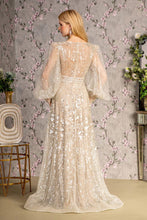 Load image into Gallery viewer, Bead Sheer Bodice Mesh A-line Long Dress w/ Sheer Puff Sleeves
