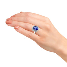Load image into Gallery viewer, Princess Diana Inspired 3.00CTW AGI Certified G/VS Lab-Grown Sapphire and Diamond Halo Ring in 14K White Gold
