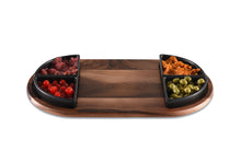 Load image into Gallery viewer, Charcuterie/ Serving Tray w/ 4 black triangular ceramic bowls
