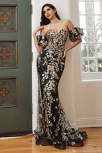 Load image into Gallery viewer, Strapless Glitter Floral Print Gown With Detachable Puff Sleeves
