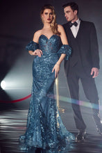 Load image into Gallery viewer, Strapless Glitter Floral Print Gown With Detachable Puff Sleeves
