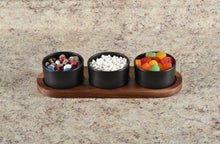 Load image into Gallery viewer, Black Ceramic Condiment Set on Acacia Wood Base
