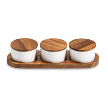 Load image into Gallery viewer, Ceramic Condiment Set on Acacia Wood Base
