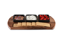 Load image into Gallery viewer, Charcuterie/ Serving Tray w/ 3 black square ceramic bowls
