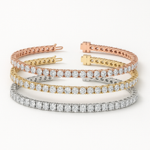 Load image into Gallery viewer, Set of Three 6ctw Created Moissanite Tennis Bracelets – 3mm Stones – 14K Gold Overlay in White, Yellow &amp; Rose Gold
