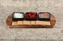 Load image into Gallery viewer, Charcuterie/ Serving Tray w/ 3 black square ceramic bowls
